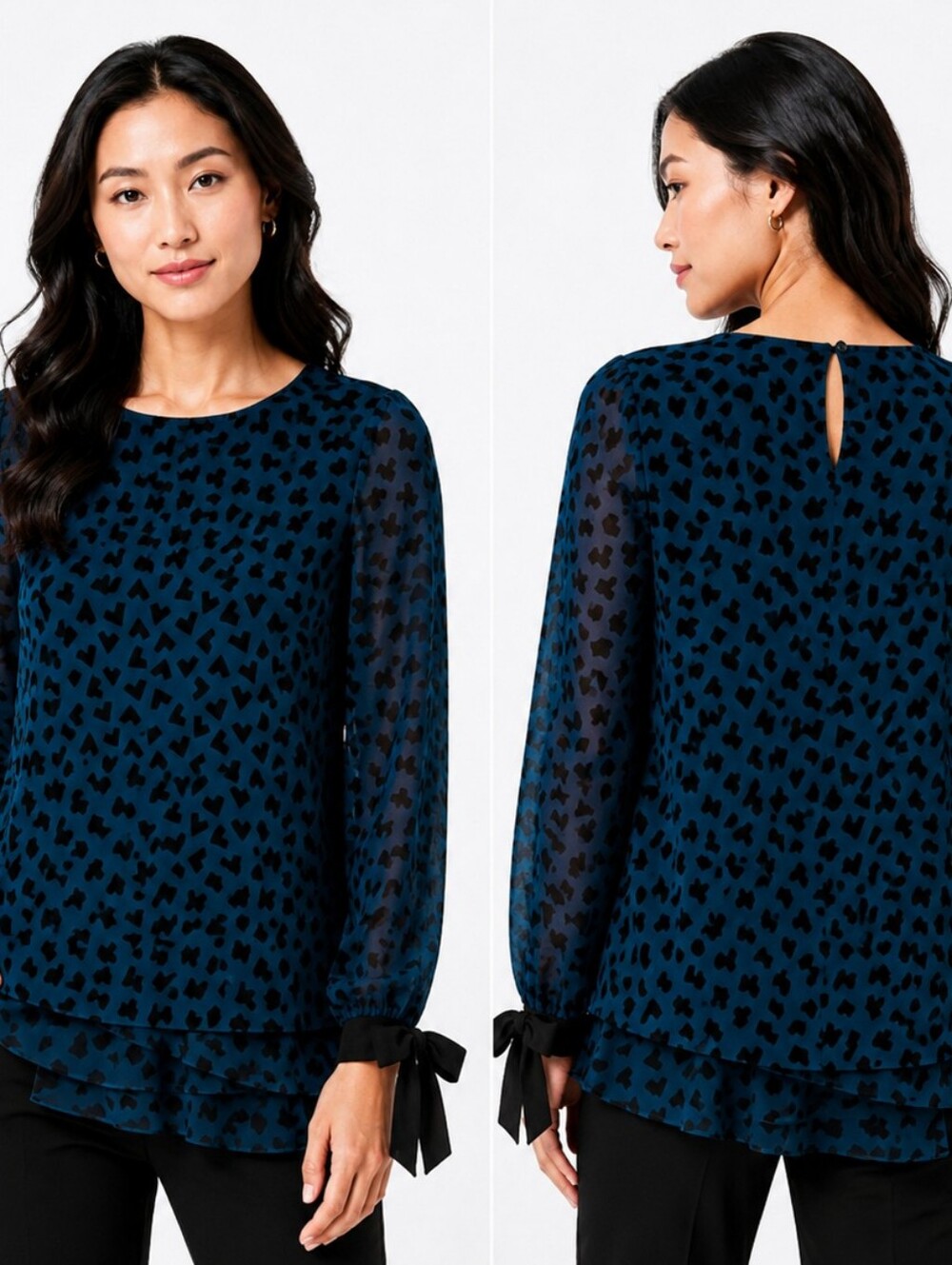 Anne Klein Women's Size XL Tiered Printed Blouse w/ bow cuff  Old Money Chic